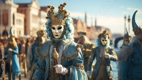Woman wearing Venetian beautiful mask and costume in evening at carnival event.