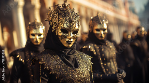 Women are wearing Venetian beautiful mask and costume in evening at carnival event. © IRStone