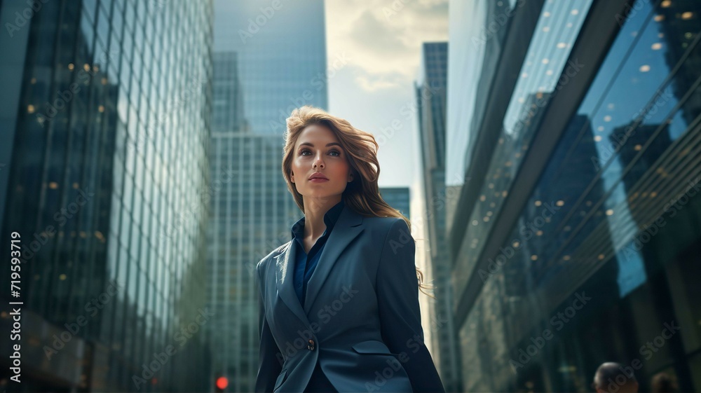 Young attractive Businesswoman walks along in city, beautiful skyscrapers at the background. Motivation, determination, competitive business environment concept Young attractive Businesswoman walks along in city, beautiful skyscrapers at the background. Motivation, determination, competitive business environment concept
