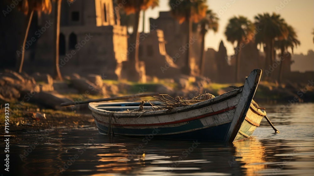 Egyptian fishermen  boat in Nile river with old ancient temples at the background  