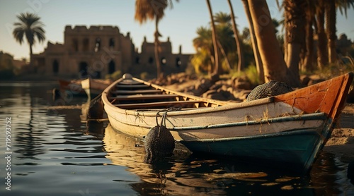 Egyptian fishermen boat in Nile river with old ancient temples at the background 