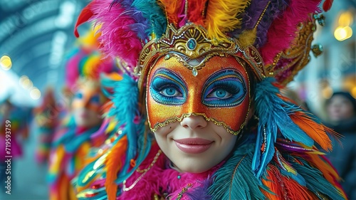 Woman wearing Venetian beautiful mask and costume in evening at carnival event.