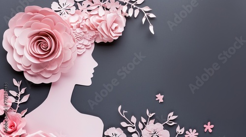 Stylish greeting card with the image of a woman with flowers in the style of papercut © Volodymyr
