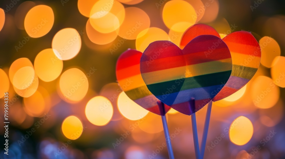 Two heart-shaped rainbow LGBTQ flags side by side on a bokeh lights background, symbolizing love and unity, copy space.