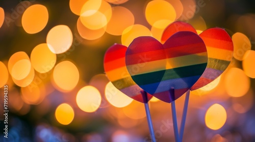 Obraz na płótnie Two heart-shaped rainbow LGBTQ flags side by side on a bokeh lights background, symbolizing love and unity, copy space. w salonie