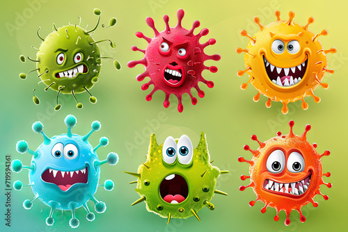 Viruses  bacteria with grimaces in cartoon style