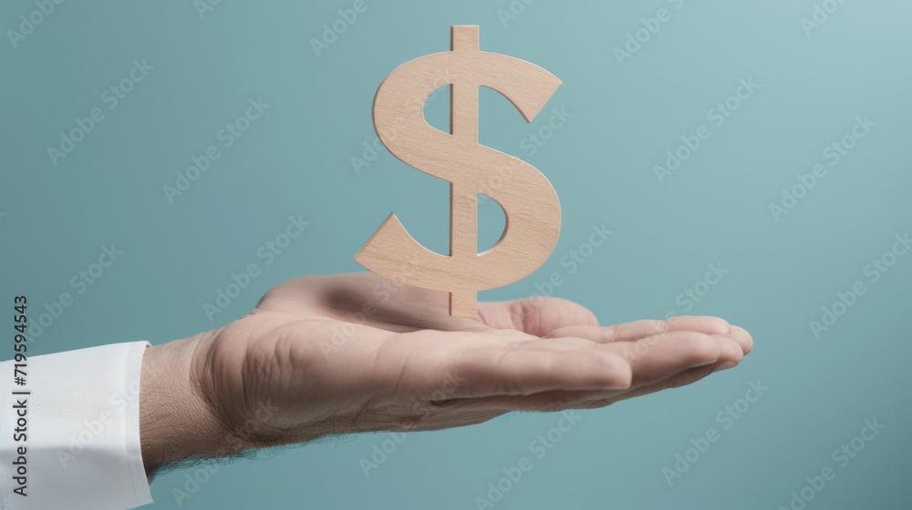 hand is shown placing a wooden dollar sign on a stand against a plain turquoise background hand is shown placing a wooden dollar sign on a stand against a plain turquoise background