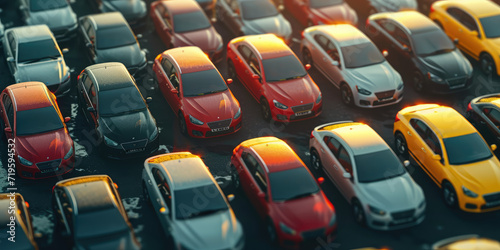 Overhead view of many different cars standing in rows in parking lot. Multicolored cars, texture wallpaper. Background for car dealership banner. 