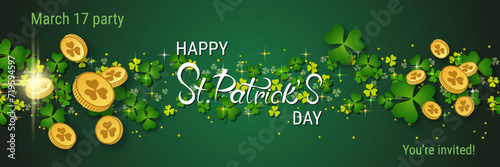 St.Patrick's Day vector banner template. Green background with clover leaves and design elements photo