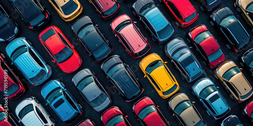 Overhead view of many different cars standing in rows in parking lot. Multicolored cars, texture wallpaper. Background for car dealership banner. 
 photo