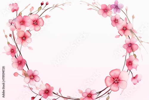 Circle Frame with Pink Watercolor Flowers. Beautiful Mother s Day Illustration with copy-space.