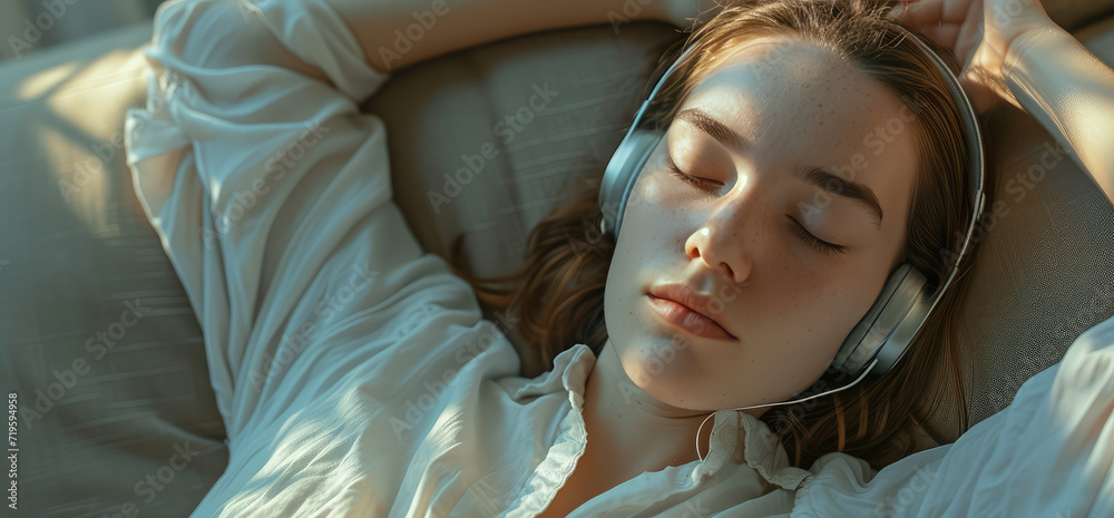 Closeup of woman listening music in headphone, lying on the sofa with closed eyes. Creative concept of relaxing music for relaxation.