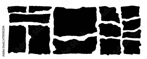 Set of jagged paper textures. Black rectangle shapes with ripped edges. Empty ragged text box, label, tag, patch, collage element templates isolated on white background. Vector graphic illustration