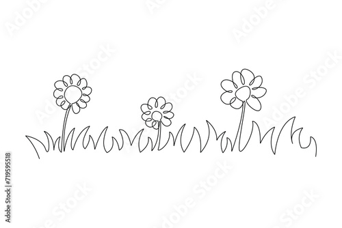 Single one line drawing of sunflower, watering houseplants growing in greenhouse with watering can. Continuous line draw design graphic vector illustration