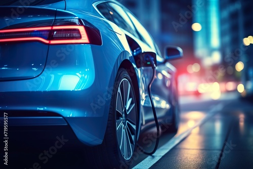 EV Car or Electric car at charging station with the power cable supply plugged in on blurred nature with soft light background. Eco-friendly alternative energy concept photo