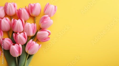 Spring pink tulips on a yellow background, a holiday card. Mother's Day, women's Day, Valentine's Day.