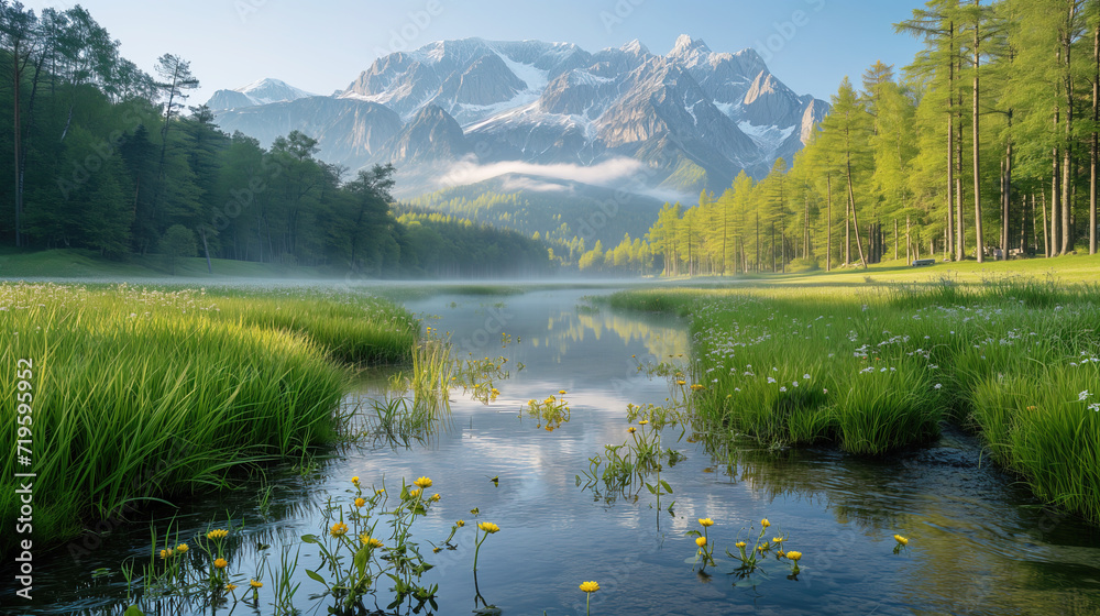 Picturesque spring or summer landscape with river and forest in the valley in front of the mountains on a sunny day