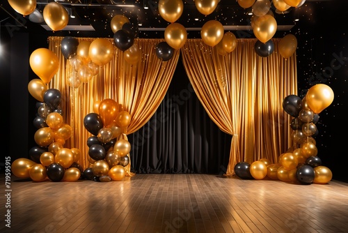 golden curtain birthday stage with balloons frames