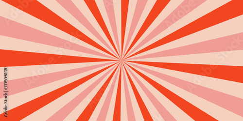 Candy color sunburst background. Abstract sunbeam design wallpaper. Colorful red and pink lines for template, banner, poster, flyer for Christmas. Sweet groovy cartoon vector backdrop