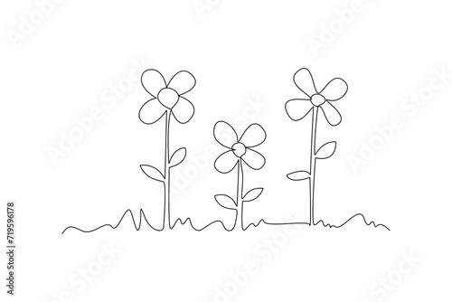 Single one line drawing of fresh flowers after rain, watering houseplants growing in greenhouse with watering can. Continuous line draw design graphic vector illustration