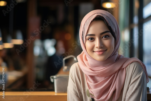 joven musulmana llevando un pañuelo hiyab sobre su cabeza de color rosa, sobre fondo desenfocado de una cafeteria o restaurante photo