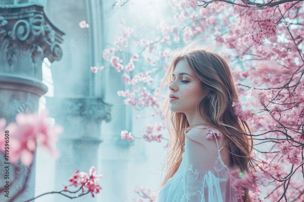 Young charming girl with eyes half closed with pleasure in the garden near the flowering trees near the entrance to the ancient castle
