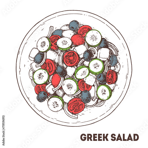 Greek salad hand drawn vector illustration. Top view. Greek cuisine. Linear graphic. Food sketch.