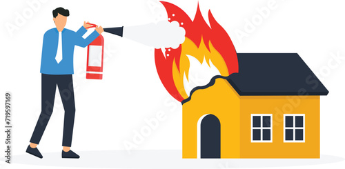 Burning house is being extinguished from an extinguisher. Fireman put out a house fire, Firefighter using fire extinguisher for burning houses and department rescuer concept,
