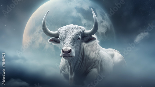 Weißer Stier vor Vollmond / Planet. Surreale Illustration.