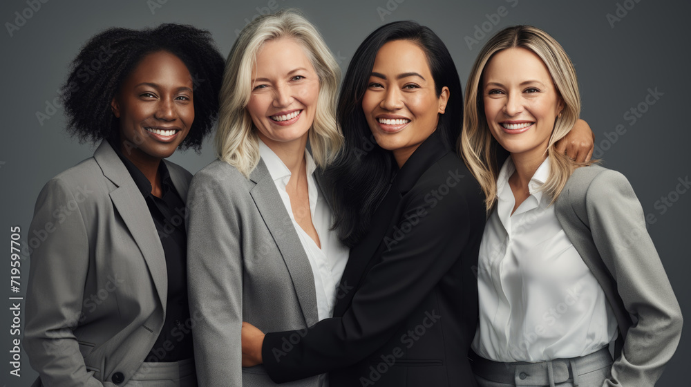 Group of five women in professional attire, smiling and standing close together, with their hands joined in a sign of unity and support Group of five women in professional attire, smiling and standing close together, with their hands joined in a sign of unity and support