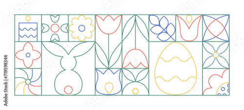 Abstract line colorfull  easter geometric banner. Simple blocks with easter bunny, egg, candle, tulip, plants.