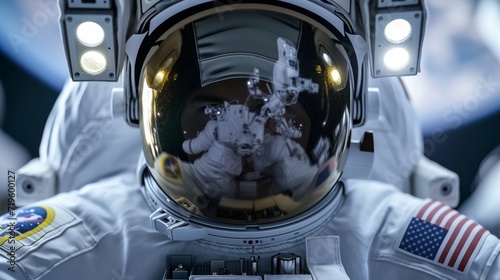 Close up portrait of USA spaceman in space looking directly through spacesuit. photo