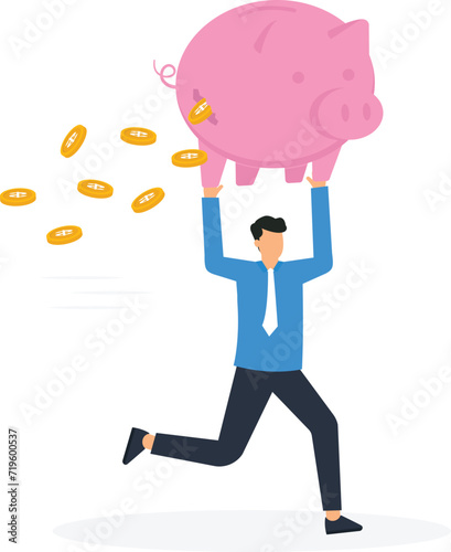 Financial shortcomings and wasted money on savings, Businessman carrying leaky money piggy bank concept, 