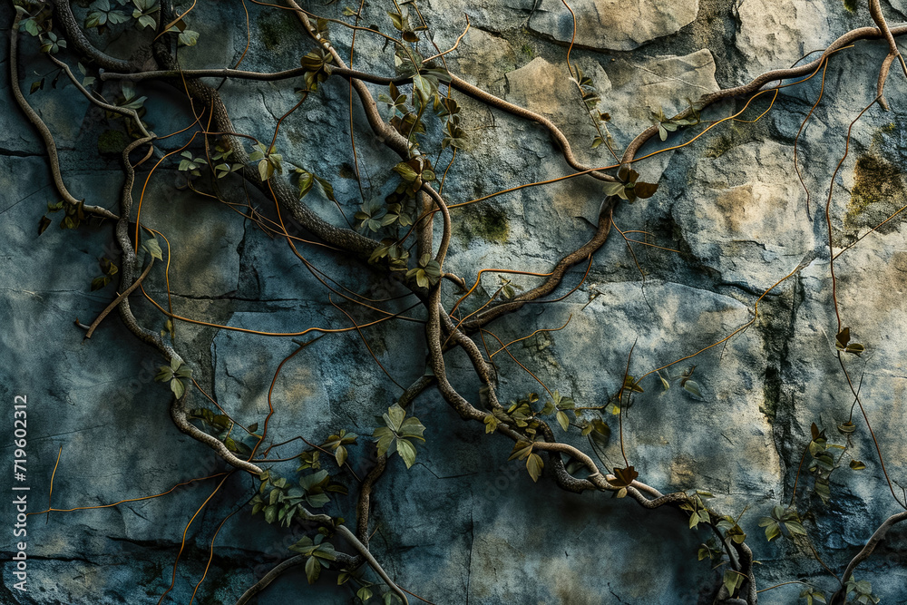Delicate tendrils of ivy gracefully climb the walls of an ancient stone castle, creating an enchanting relief that seems to come alive