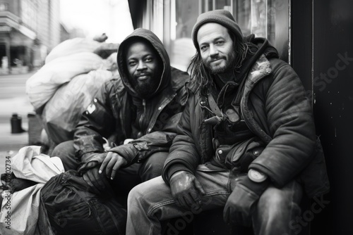 Two homeless men sitting in dirty city street