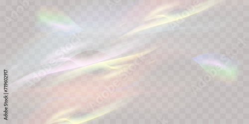 A set of colourful vector lens, crystal rainbow  light  and  flare transparent effects.Overlay for backgrounds.Triangular prism concept.