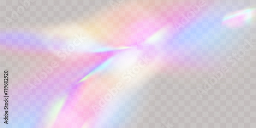 A set of colourful vector lens, crystal rainbow  light  and  flare transparent effects.Overlay for backgrounds.Triangular prism concept. photo