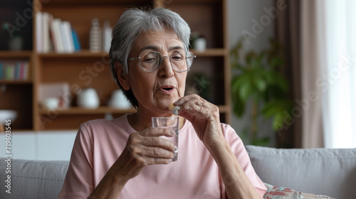 Elderly woman with glasses is looking at a pill in her hand while holding a glass of water