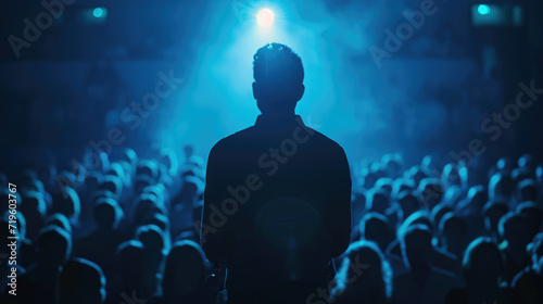 Man from behind is standing in front of an audience