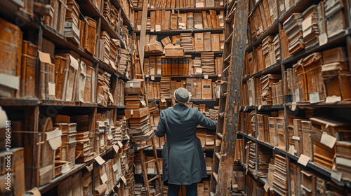 A historian browsing through extensive archives in a dimly lit archival room.
