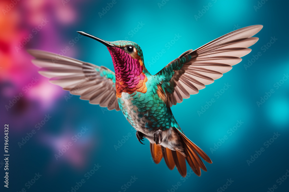 Obraz premium A colorful and attractive hummingbird flying against an ethereal background.