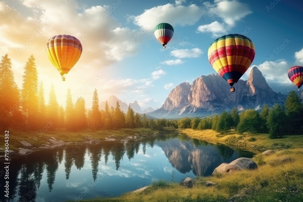 Obraz premium Colorful hot air balloons flying over mountain