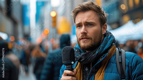 Male Reporter Reporting from Busy City Street