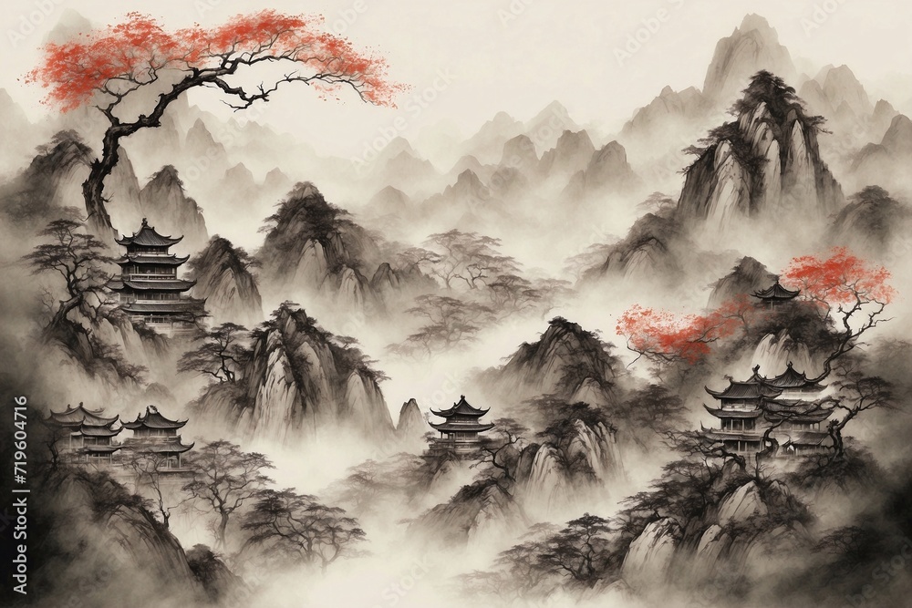 Chinese minimalistic art landscape with traditional motifs in red and black colors