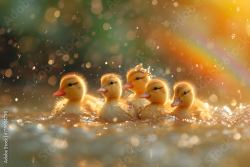 Fluffy ducklings huddled together under a bright rainbow beside a magical, sparkling river. Created with generative AI.
