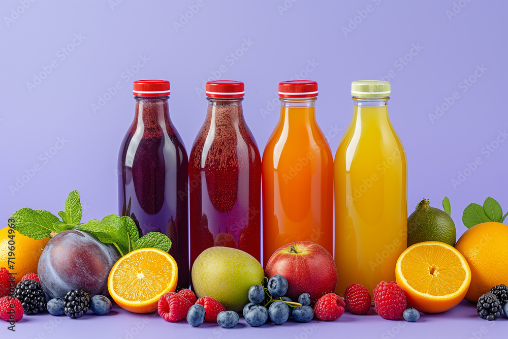 Citrus fruit juices, fresh and smoothies, food background, top view. Mix of different whole and cut fruits: orange, grapefruit, lime, tangerine with leaves and bottles with drinks on color table.