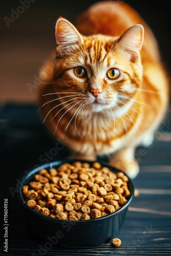 Orange Tabby Cat Sitting at Home, Intently Gazing While Eating From a Black Bowl
