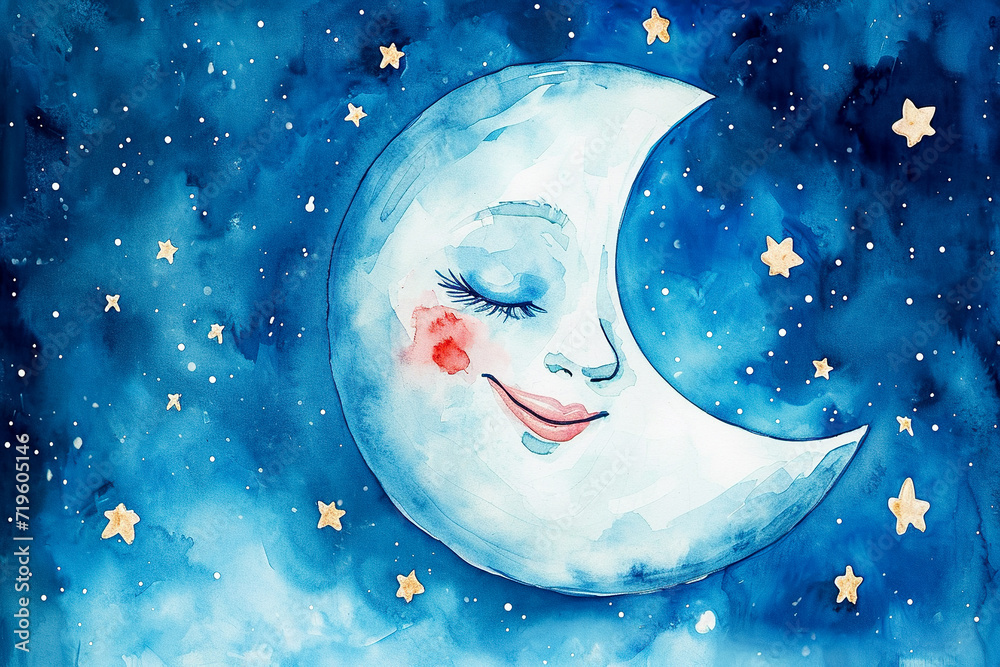 Fototapeta premium watercolor illustration of a child's drawing of a smiling moon with stars