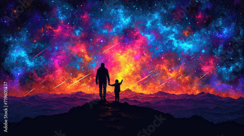 Father and Child Gazing at Cosmic Sky