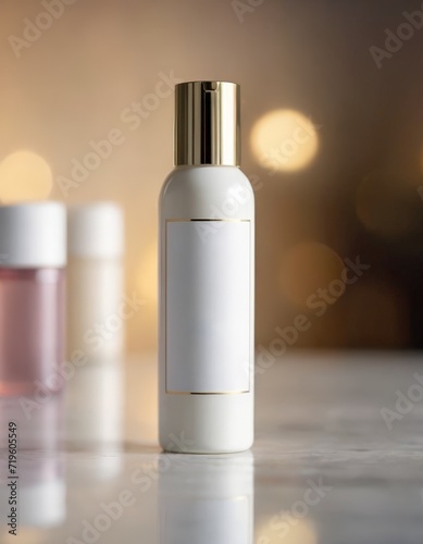 Minimalistic white cosmetic bottle with gold cap 